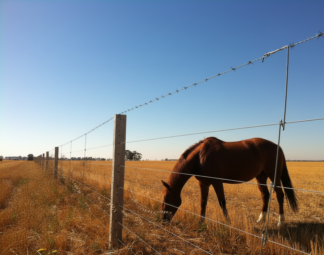Horse fence with visible top conductor and droppers